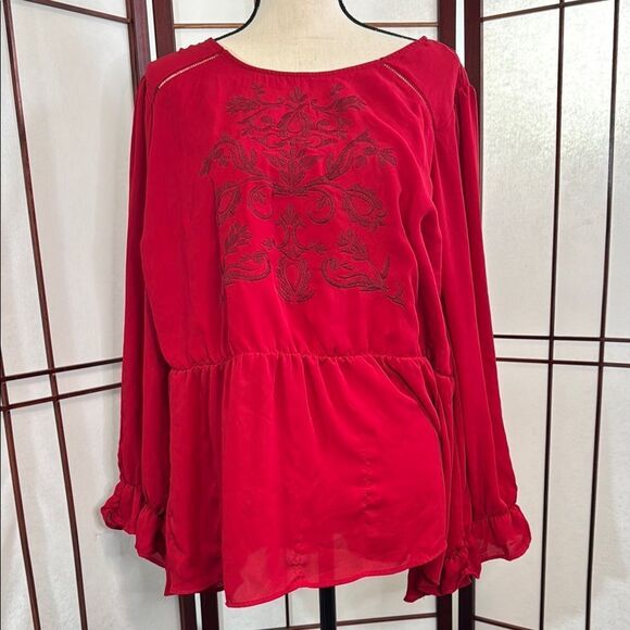 Red Ruffled Blouse with Relaxed Fit and Billowy Sleeves - Picture 1 of 4
